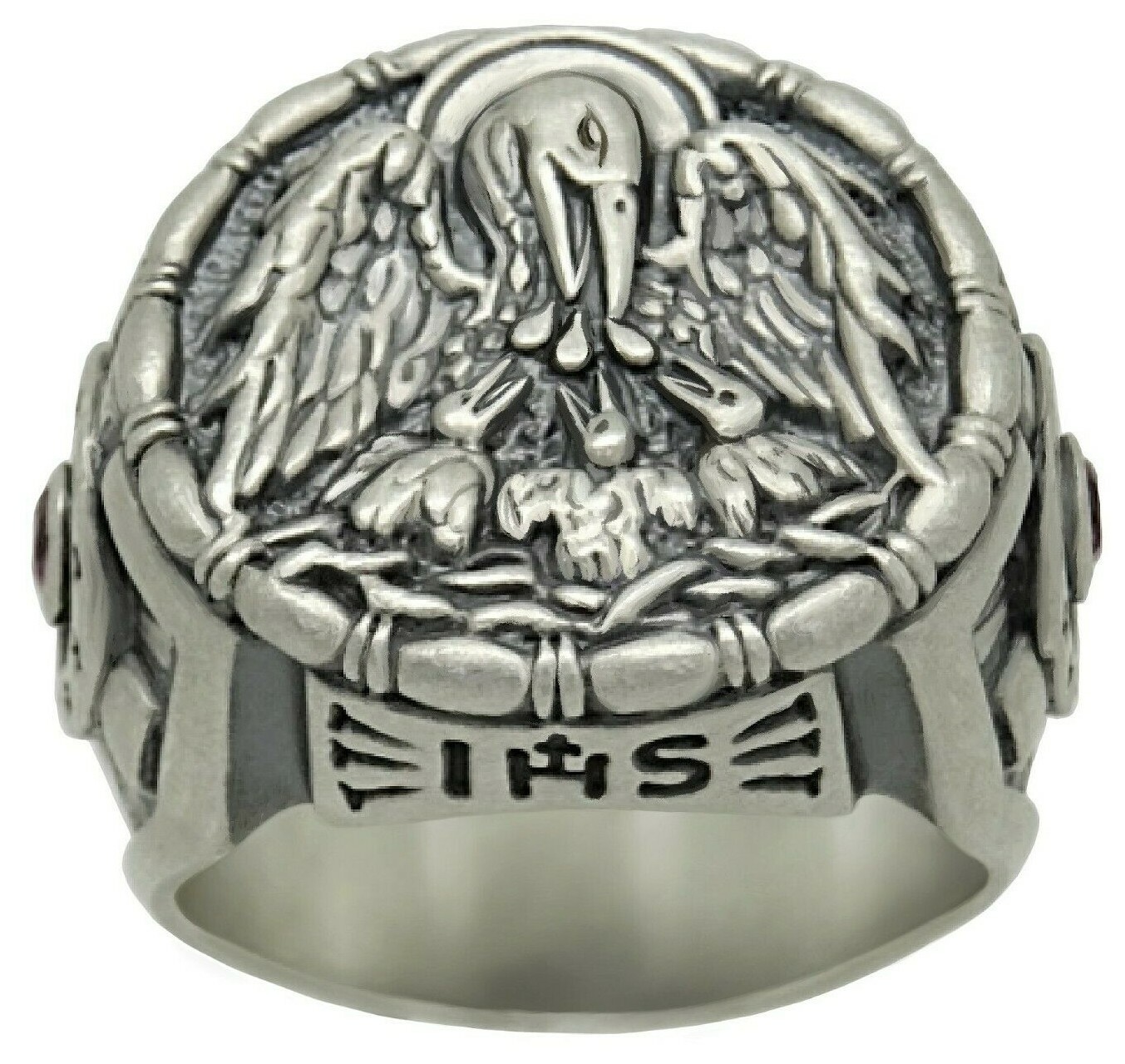 Jesuit IHS Sterling Silver Cross Men’s Ring Christian Pelican with Chicks