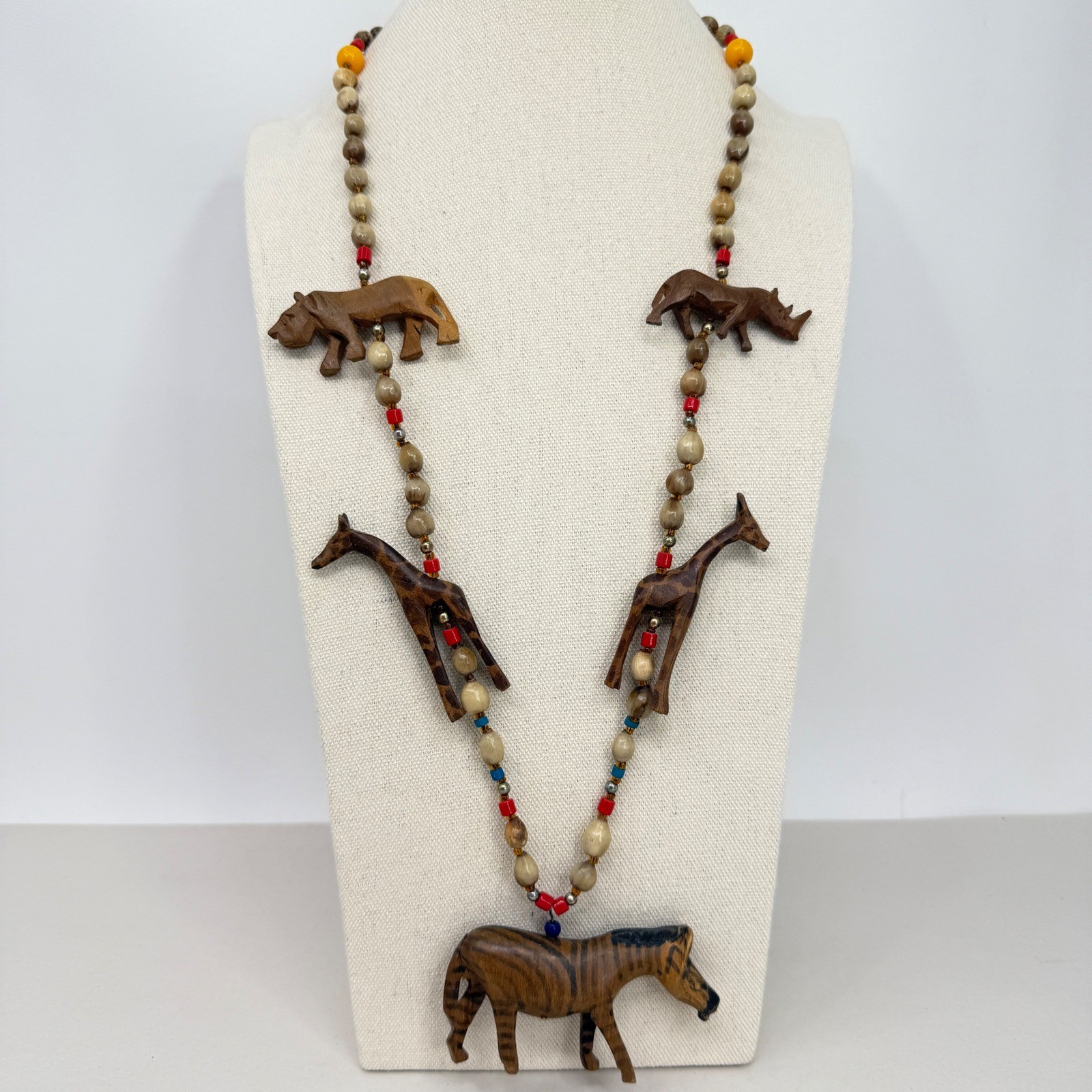 Vintage Carved Wood Safari Animal Necklace Zebra Giraffe Folk Art Natural