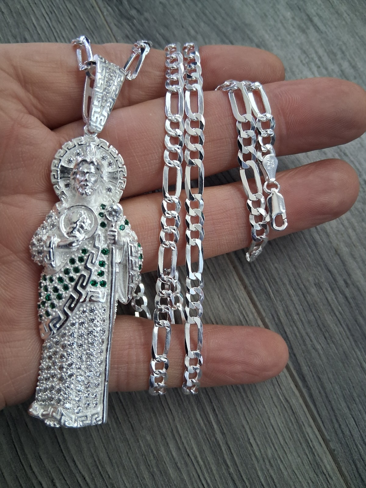 cadena figaro y san judas c/z plata 925 24″ larga 4.9mm anchor 925 silver.