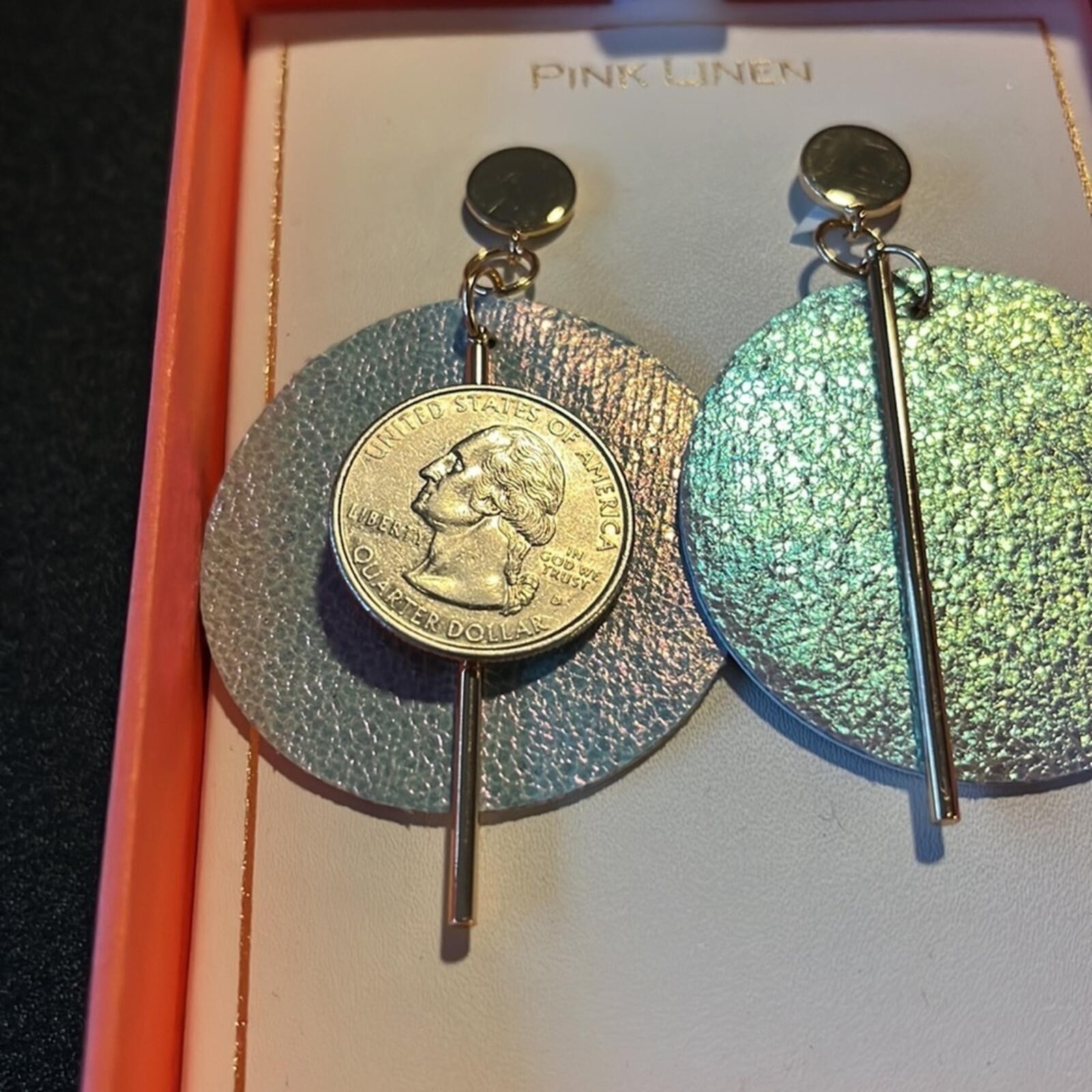 Pink linen iridescent leather earrings 1-3/4” diameter