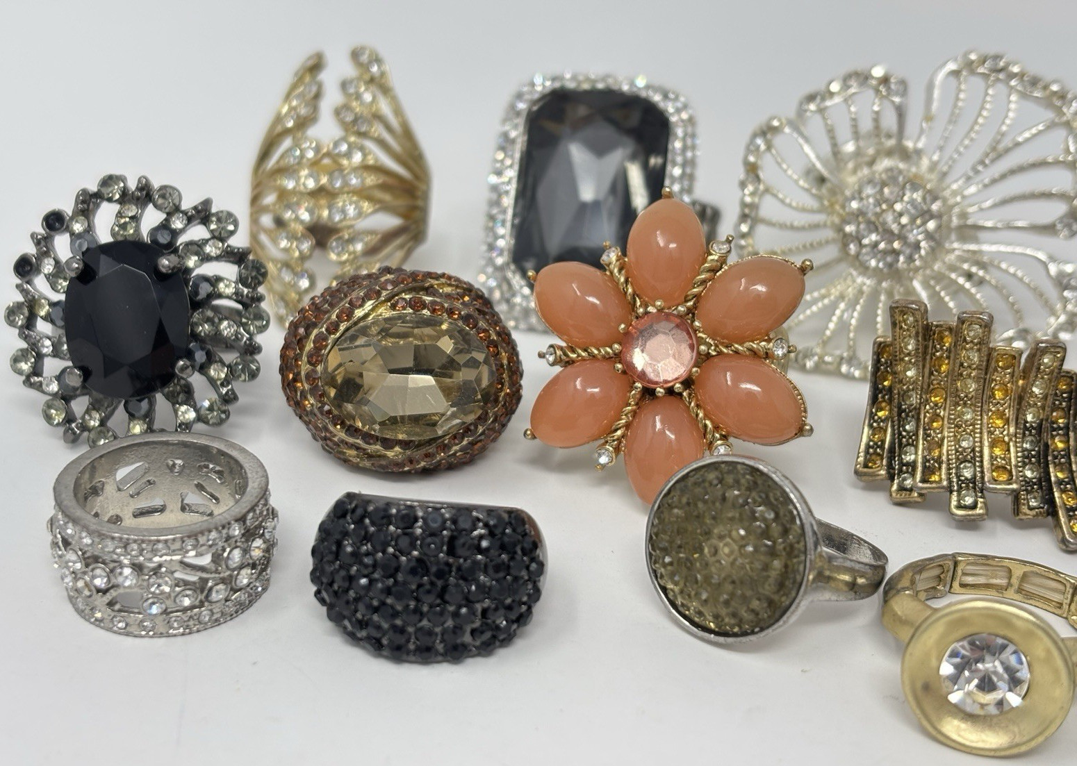 Rhinestone Cocktail Statement Costume Ring lot (15) Rings Mixed Flower Oversized