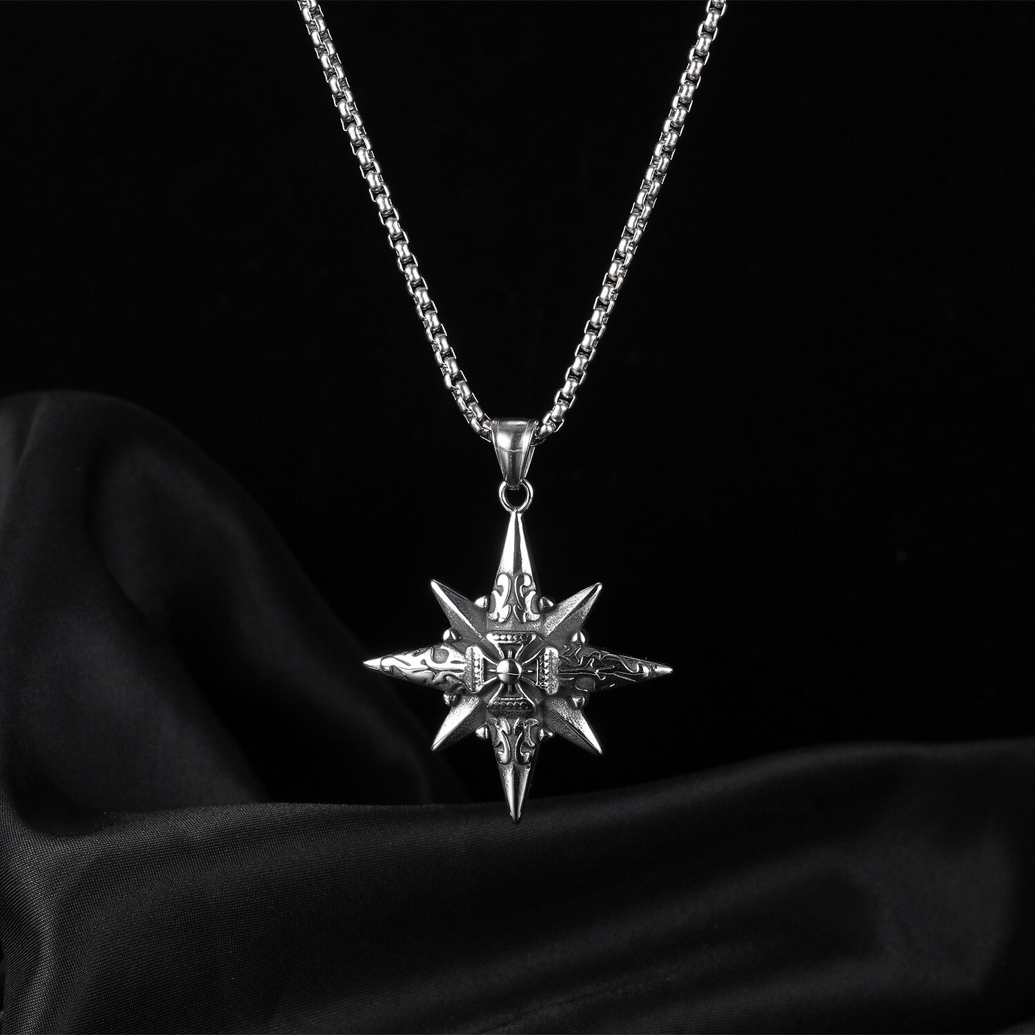 Mens Fashion Nautical North Star Compass Pendant Necklace Stainless Steel