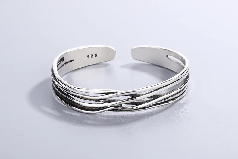 Retro Wave Bracelet 925 Sterling Silver Braided Bangle Geometric Opening Cuff