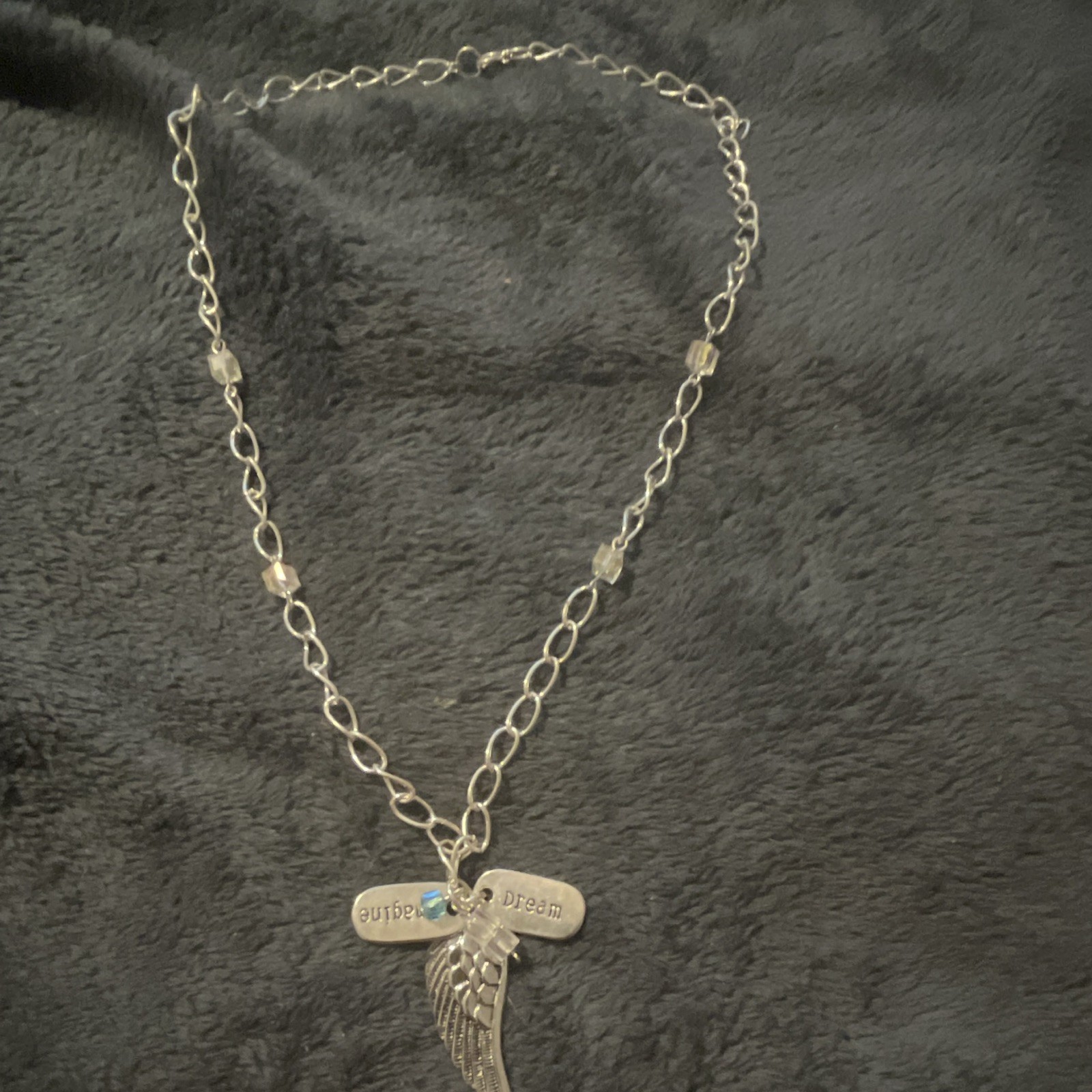 Silver Tone Cable Chain Necklace Angel Wing Charm Pendant “Imagine” “Dream” Tags