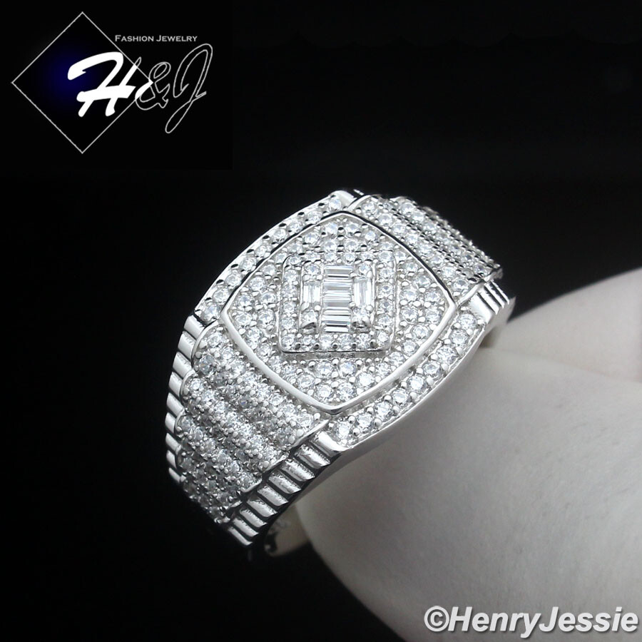 MEN SOLID 925 STERLING SILVER ICY BLING CZ 3D SQUARE SHAPE RING SIZE 7-12*SR212