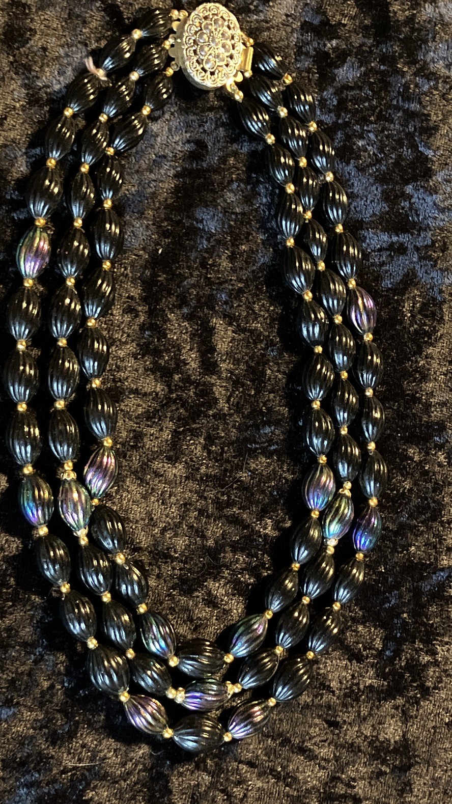 Vintage Multi-Strand Black Iridescent Beaded Necklace Gold Tone Beads Box Clasp