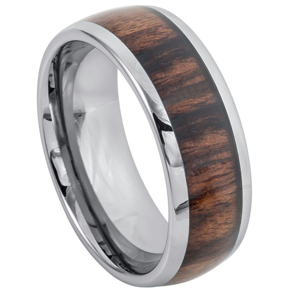 Tungsten Ring Unisex High Polished Domed with Rosewood Inlay