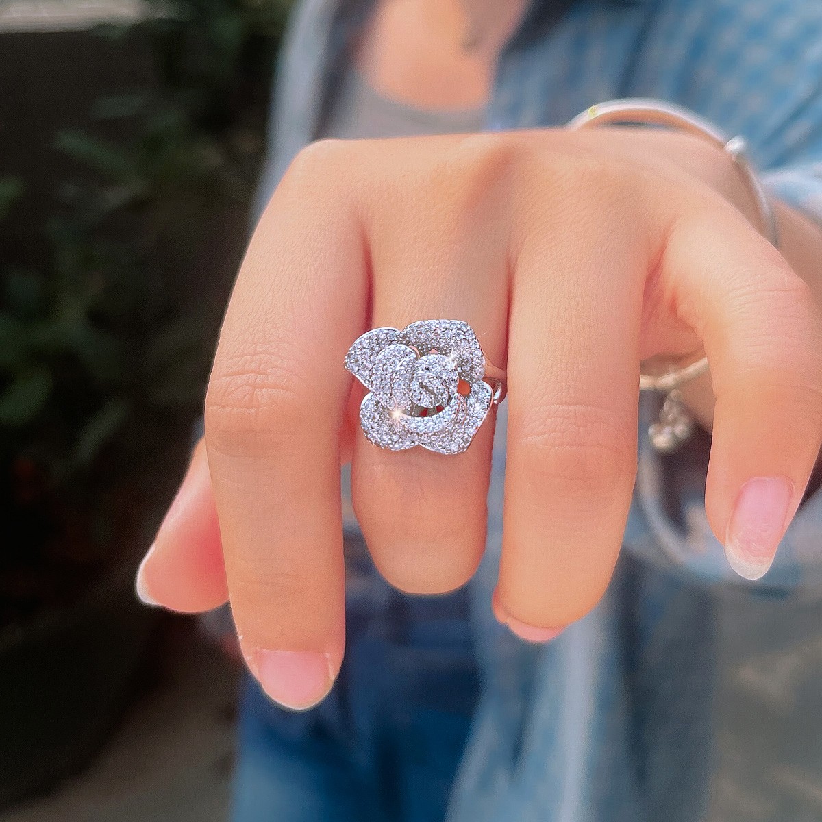 Exquisite Flower Engagement Ring Silver Plated CZ Zirconia Adjustable Women Gift