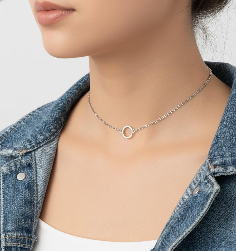 Stainless Steel Open Circle Dainty Choker, Handmade Adjustable Layering Necklace