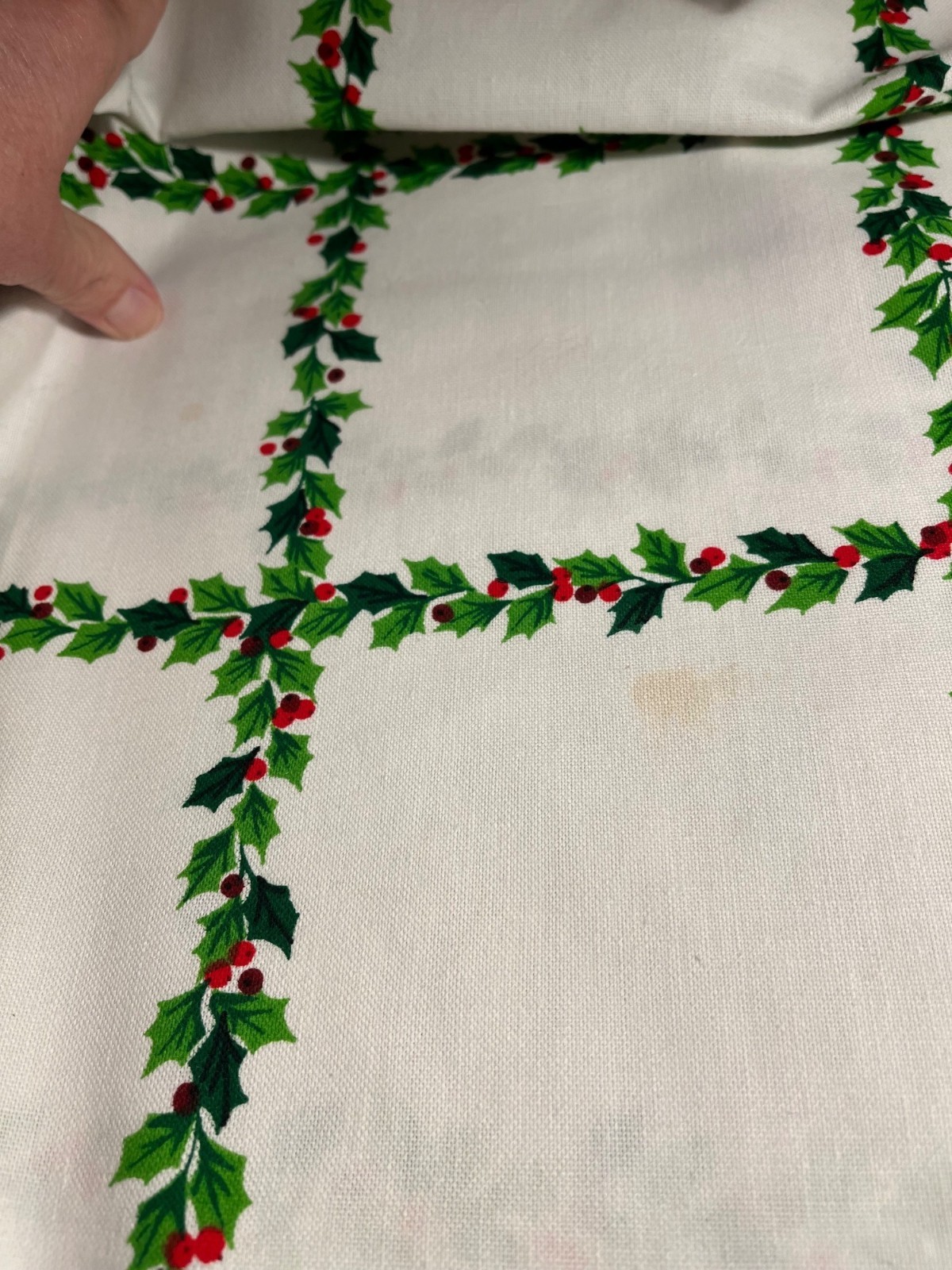 Vintage Holiday Green and Red Holly Tablecloth 52×68 In A587, some small stains