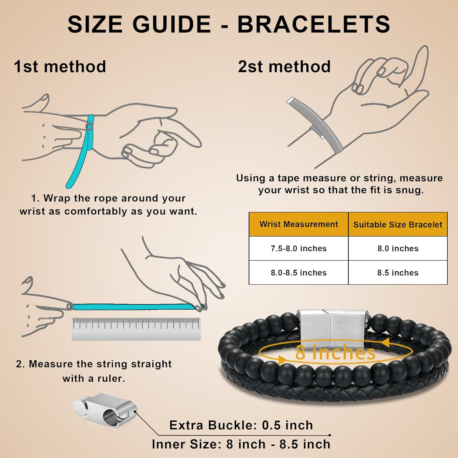 Pulsera de cuero con cuentas y inicial de 6 mm