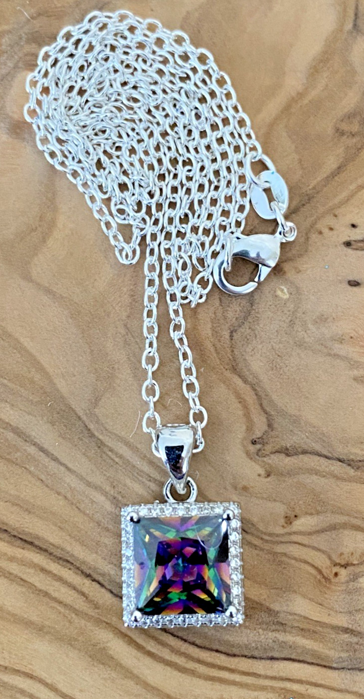 Purple Quartz Crystal Necklace 10 mm SS Pendant, 925 sterling silver 19 in chain