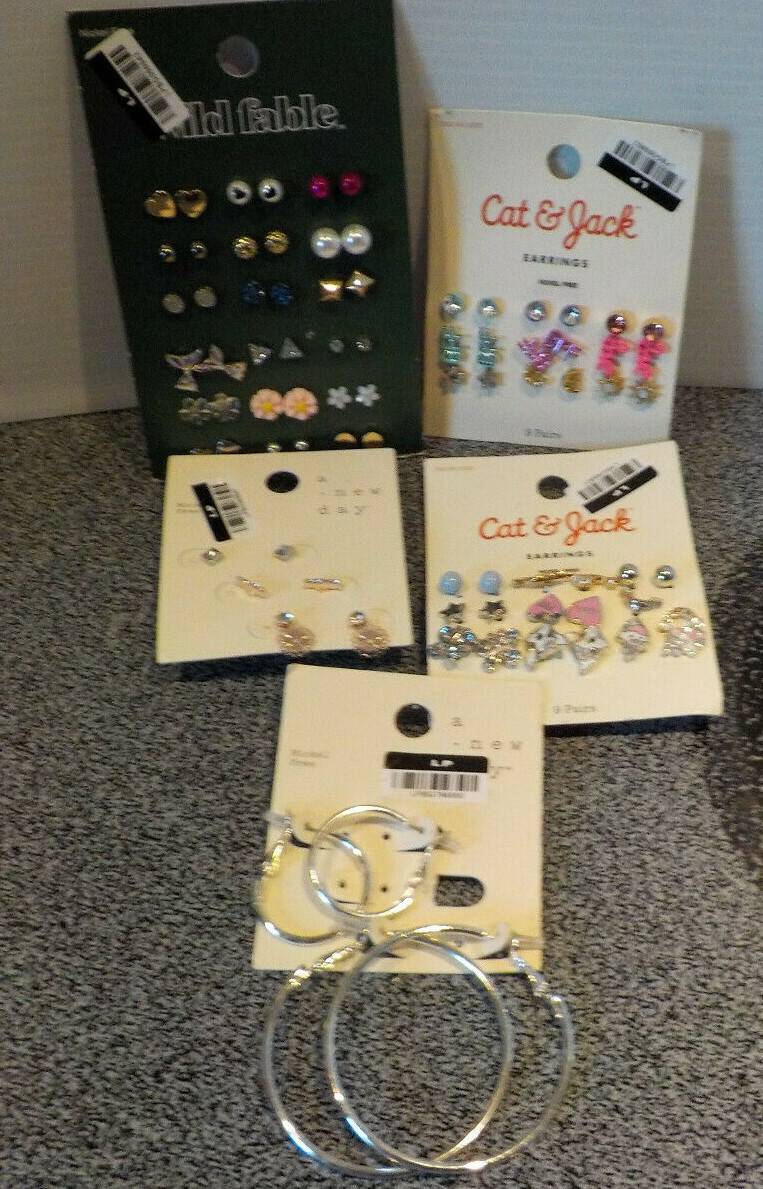 74 Sets Of Pierced Earrings Different Sizes Color & Shapes All Nickle Plated New