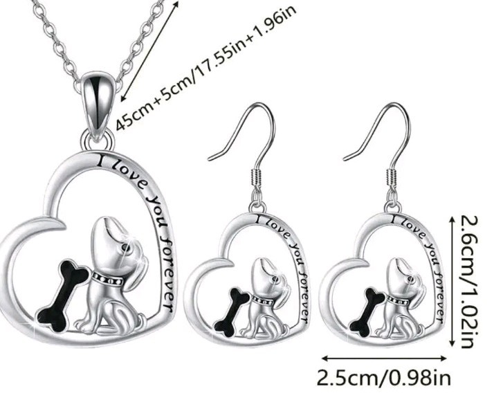 Heart Shaped Necklace And Earrings Set (Love You Forever) Dog & Paw print ❤️