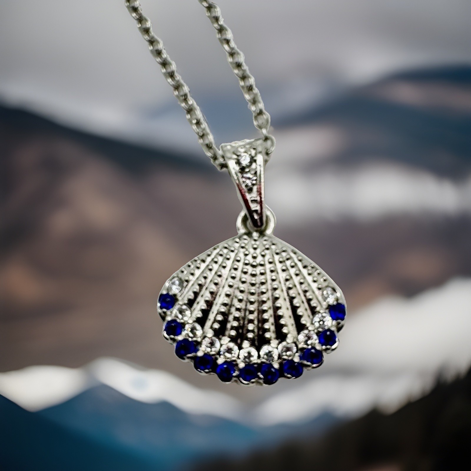 18 K White Gold Plated Steel Shell Necklace With Blue And Clear Cz Stones 18 In