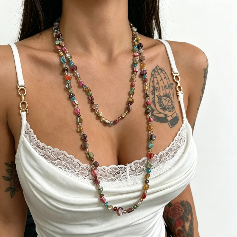Vintage Bohemian Style Long Necklace Colorful Shell Beaded Double Layer Necklace