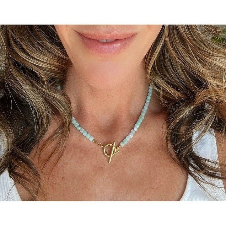 Beaded Amazonite Necklace w/ Removable Pearl and Gold Toggle Clasp Non-Tarnish