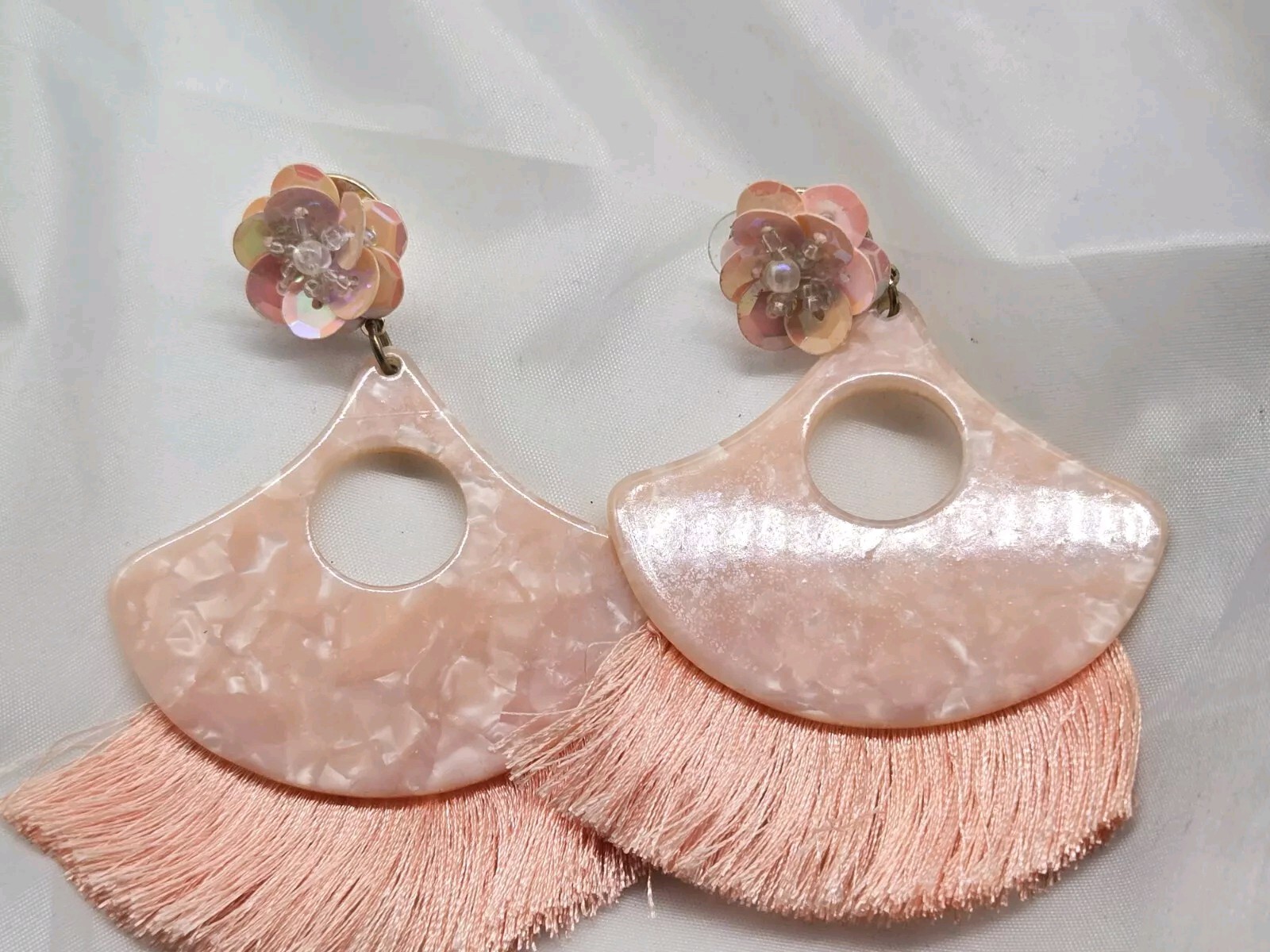 Dangle Floral Theme Tassle Earrings Beautiful Peach Pink Colors For Pierced Ears
