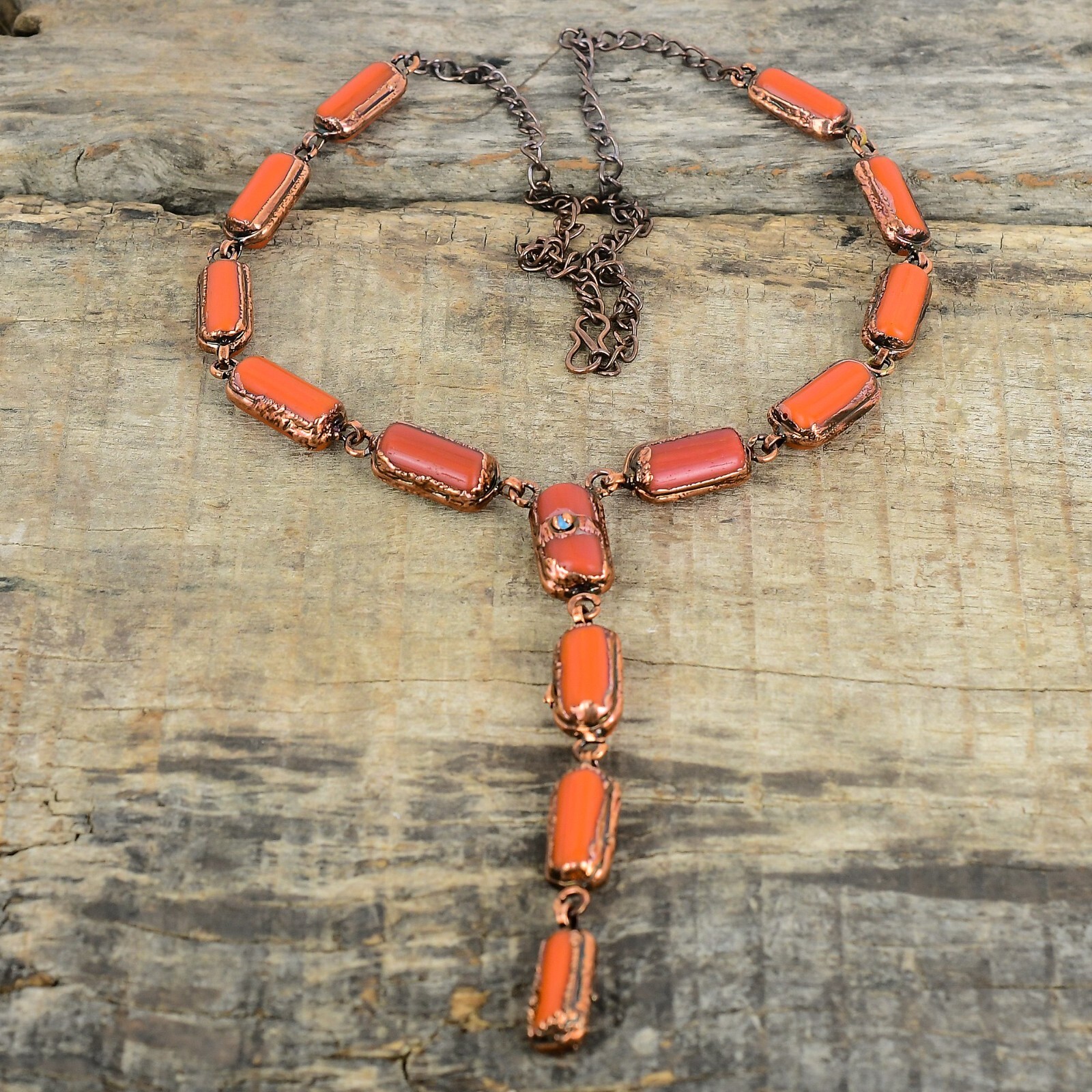Red Coral Gemstone Turquoise Copper Sister Chain Electroformed Necklace Jewelry