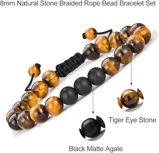 Beaded Bracelets Set Natural Stone 8mm Tiger Eye Birthday Gifts Jewelry 2pcs