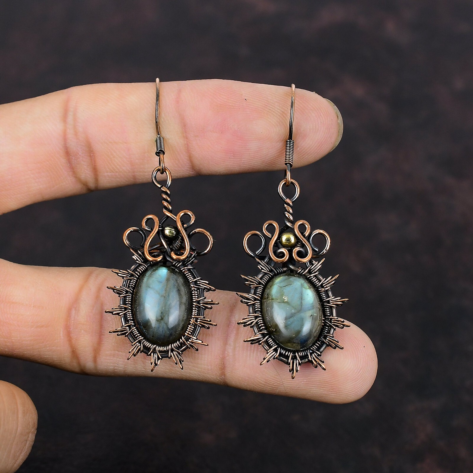 Labradorite Wire Wrapped Drop/Dangle Earrings Handcrafted Copper Ethnic 2.36″