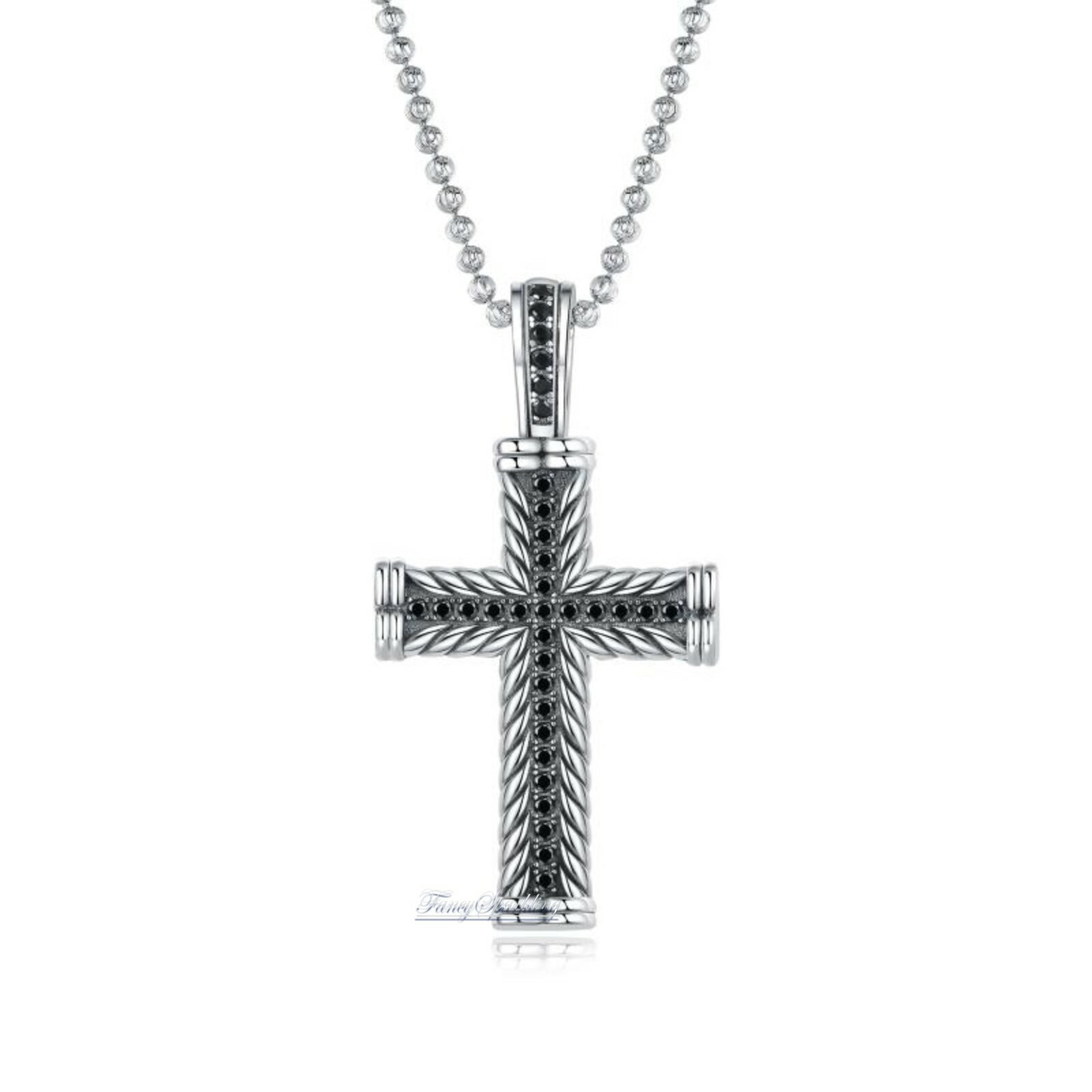 Black Simulated Diamond Cross Pendant Necklace 14K Oxidized White Gold Finish