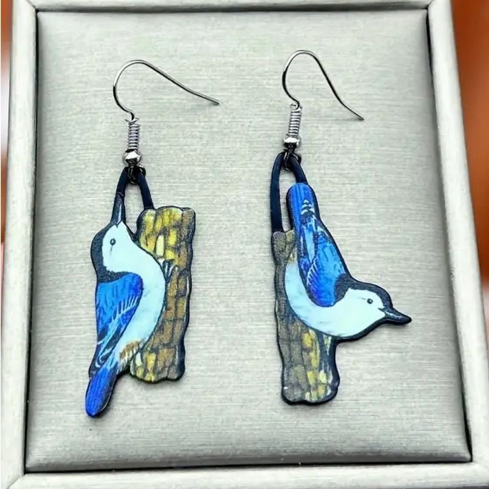 Nuthatch bird drop earrings blue vibrant gift animal lover cute quality new