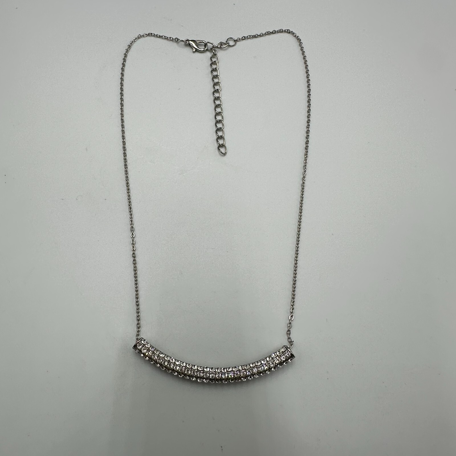 Rhinestone Bar Necklace Women Silver Tone Dainty Thin Chain Lightweight 14 Inch