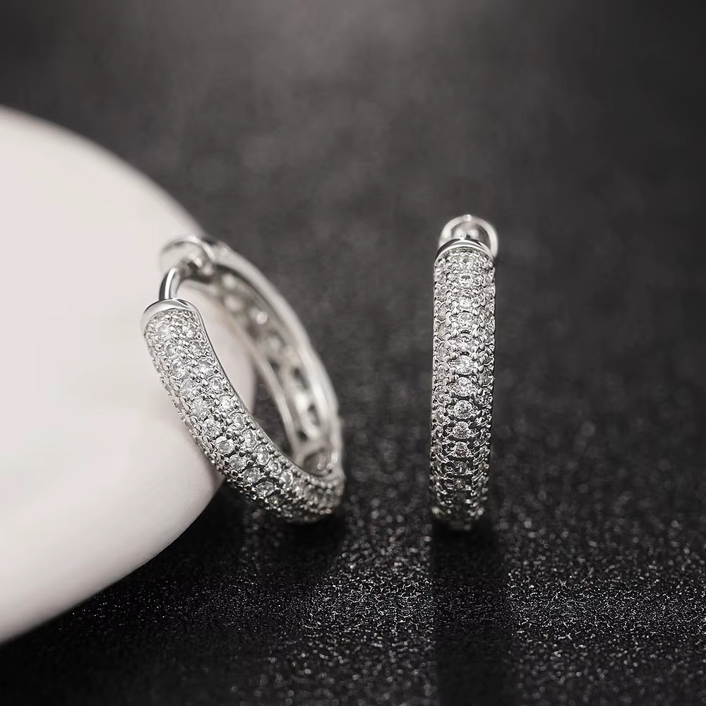 PAIR Elegant Paved Full Imitated Moissanite Circle Silver Plated CZ Hoop Earring