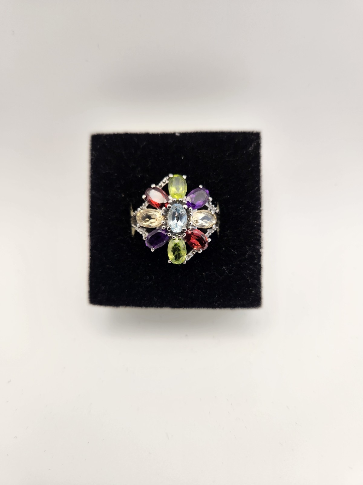 Multi Gemstone Flower Ring Size 7 Stainless Steel Amethyst Garnet Peridot Topaz