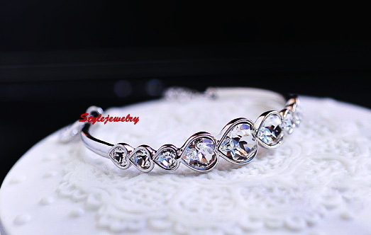White Gold Filled Silver Wedding Heart Bangle Made With Swarovski Crystal T46