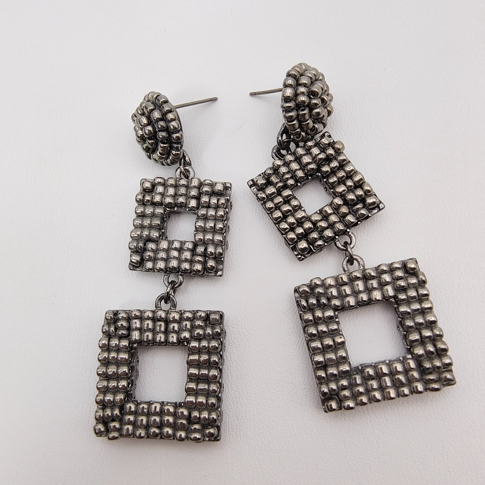 Geometric Maximalist Dangle Statement Earrings Gunmetal Beaded Industrial Chic