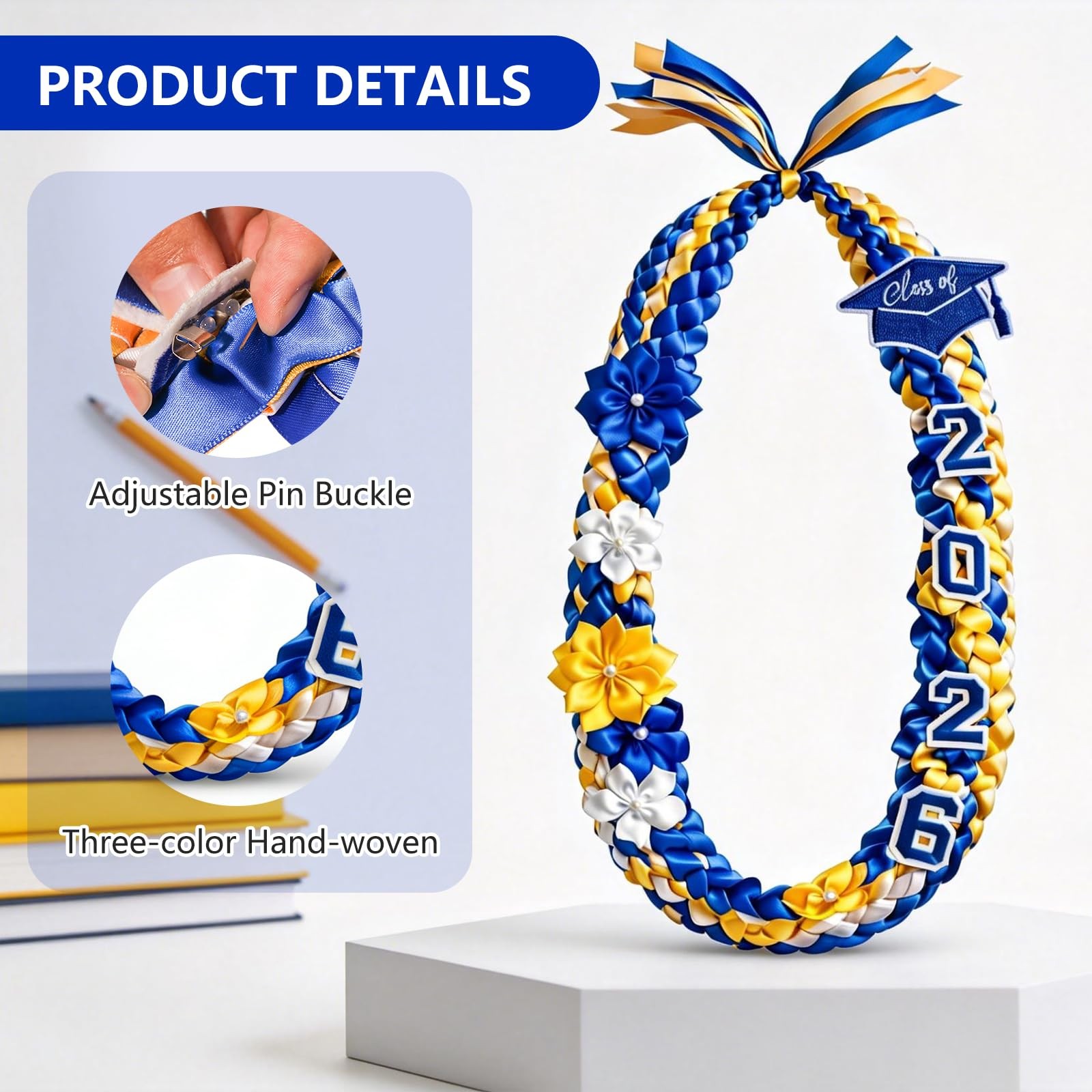 50” Graduation Lei 2026 Double Braided Ribbon Lei with 4 Satin Flowers, 2026 Gr
