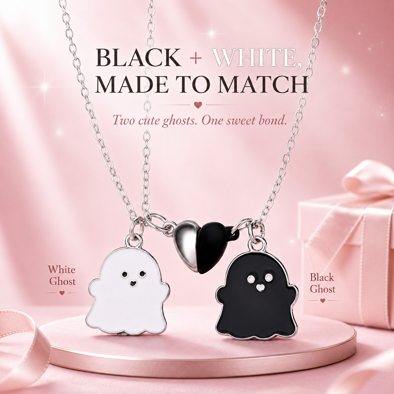 Cute Ghost Couple Necklace Set – Black & White Matching Pendant Necklace with Sp