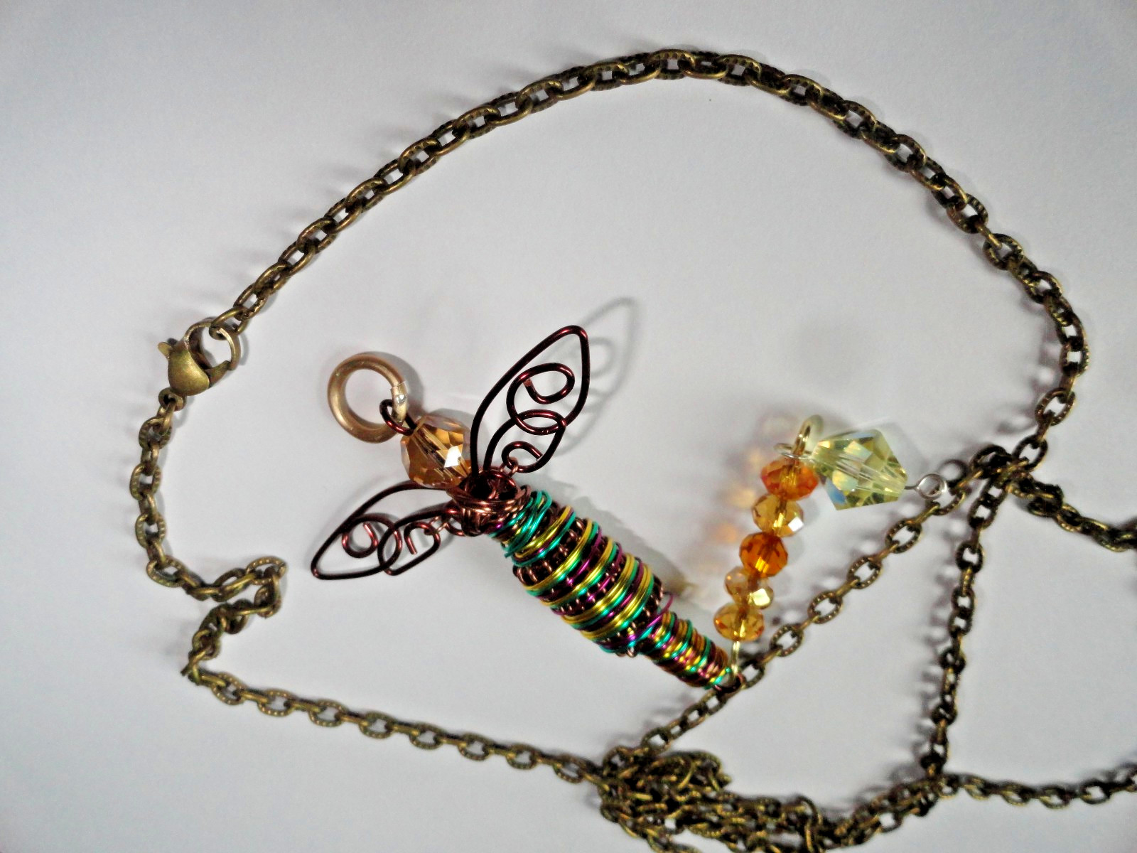 #10705 Brown/Green with Gold/Red Dragonfly Pendant Swarovskis Dangle Chain
