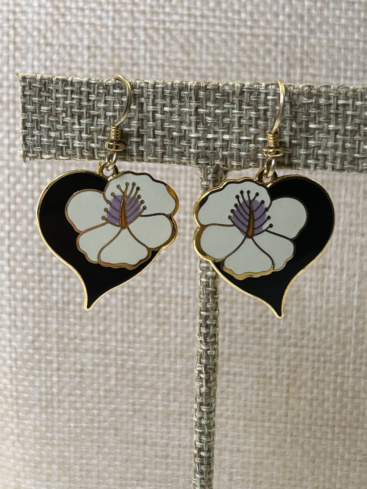 Laurel Burch Hibiscus Heart Enamel Dangle Earrings Black White Gold Floral