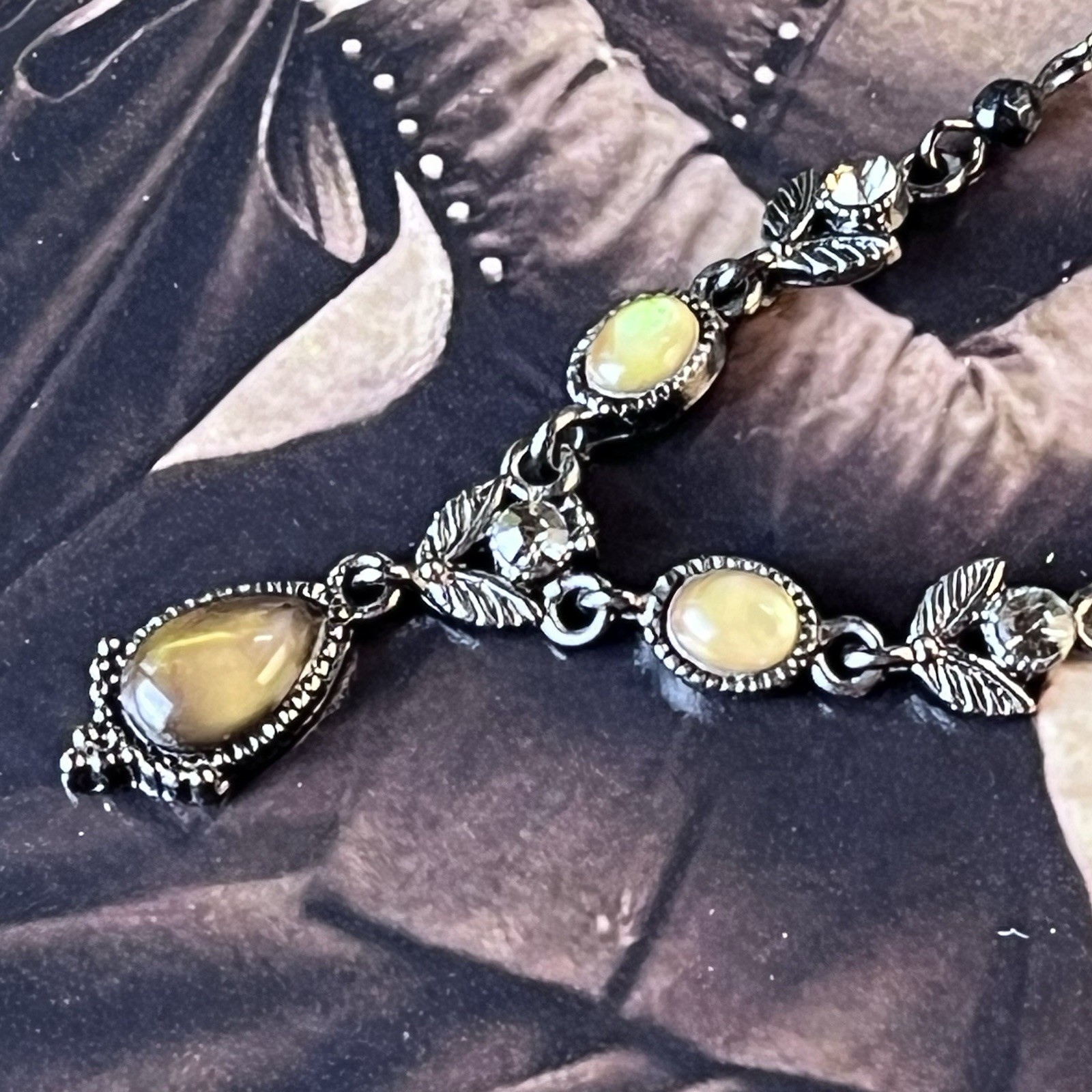 1928 Brand Gunmetal Floral Y Necklace – 15-18” – Crystal Rhinestones – Romantic