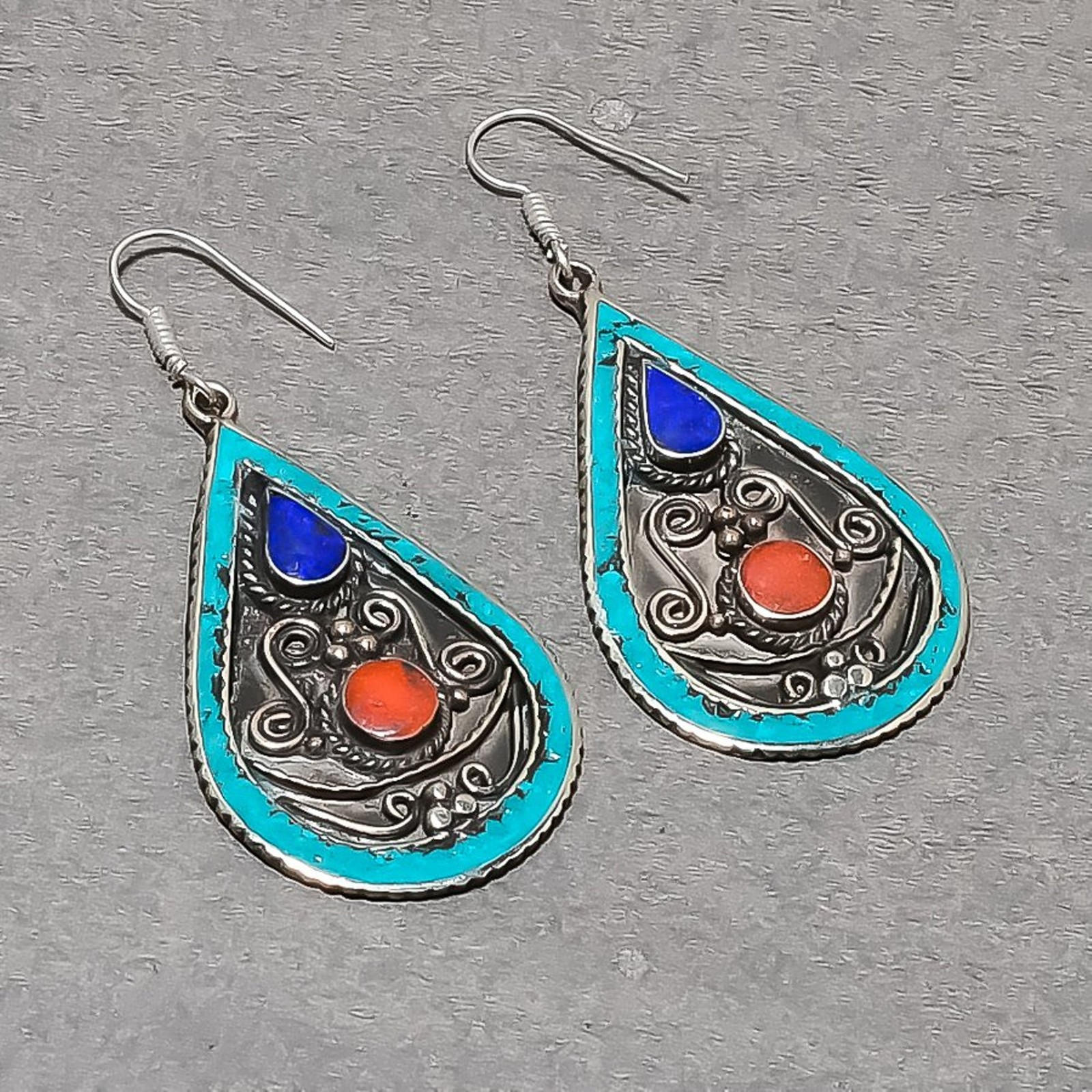 Lapis lazuli Coral Turquoise Handmade Charm Vintage Nepali Earrings 2.7″ SR 5467