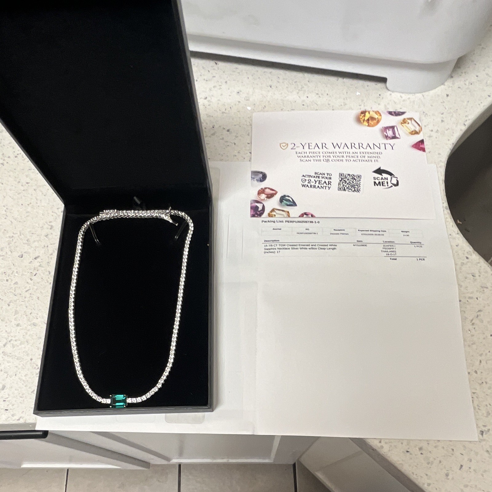 18k White Gold Plated Tennis Necklace Green Emerald, Sim Diamond 17″ Box