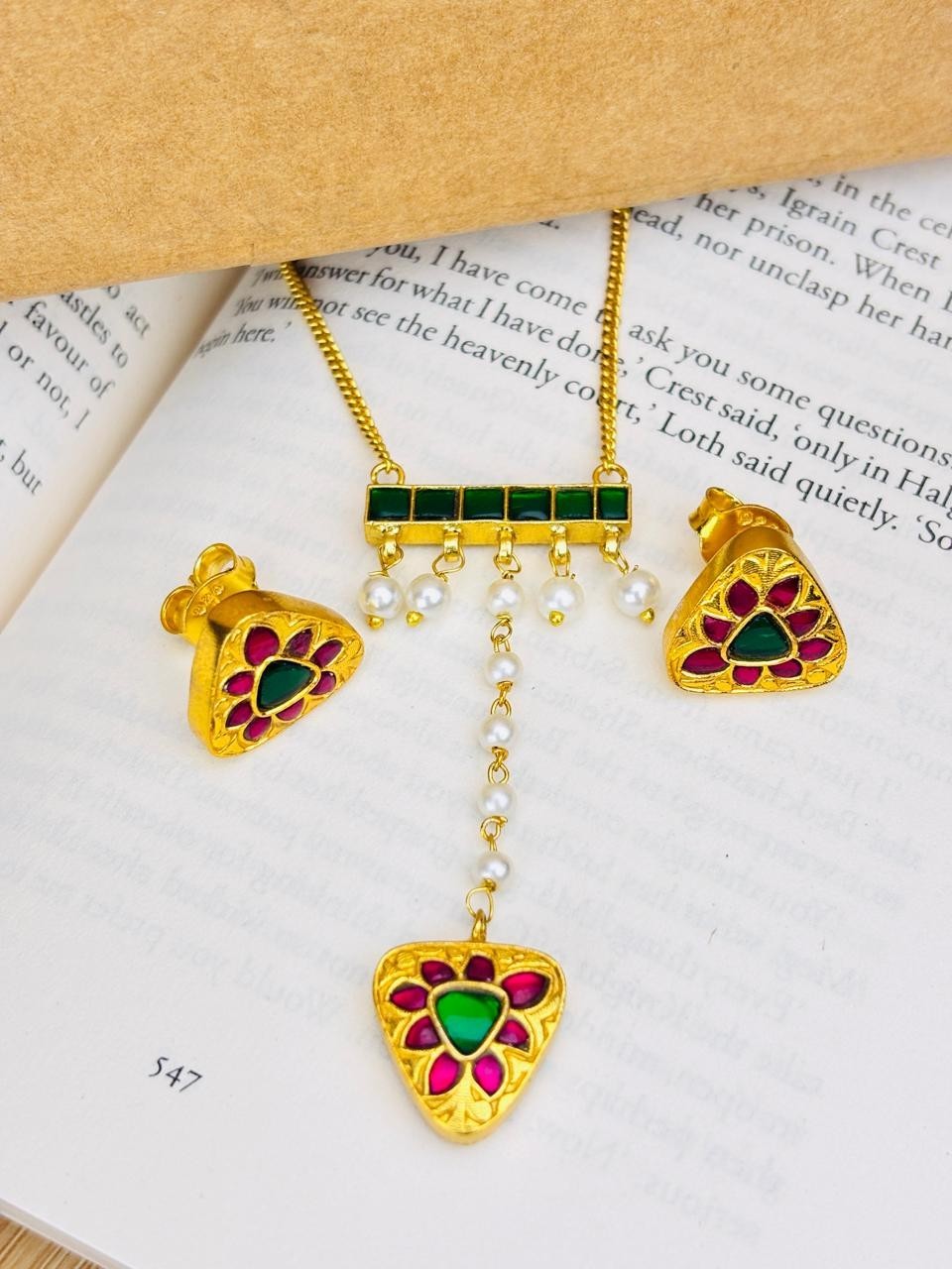 925 Silver Green Pink Triangle Pendant Set Gold Plated Pearl Gift For Women