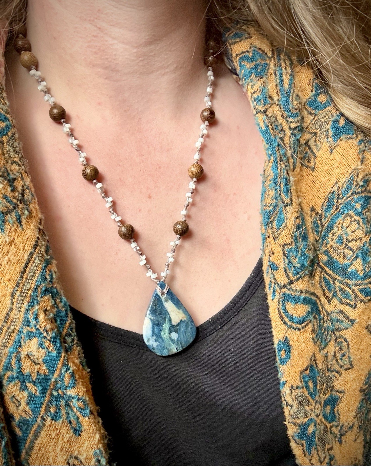 Amazing Blue Green White Kyanite Pendant Necklace Abalone Crystal USA Artisan