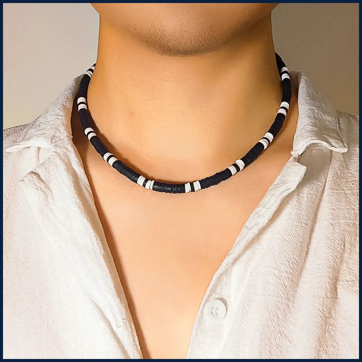 Black White Polymer Clay Bead Choker Necklace Men’s Jewelry