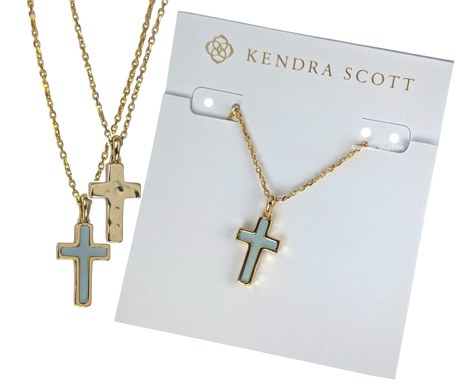 New 100% Authentic KENDRA SCOTT Gold Blue Dichroic Glass Cross Pendant Necklace