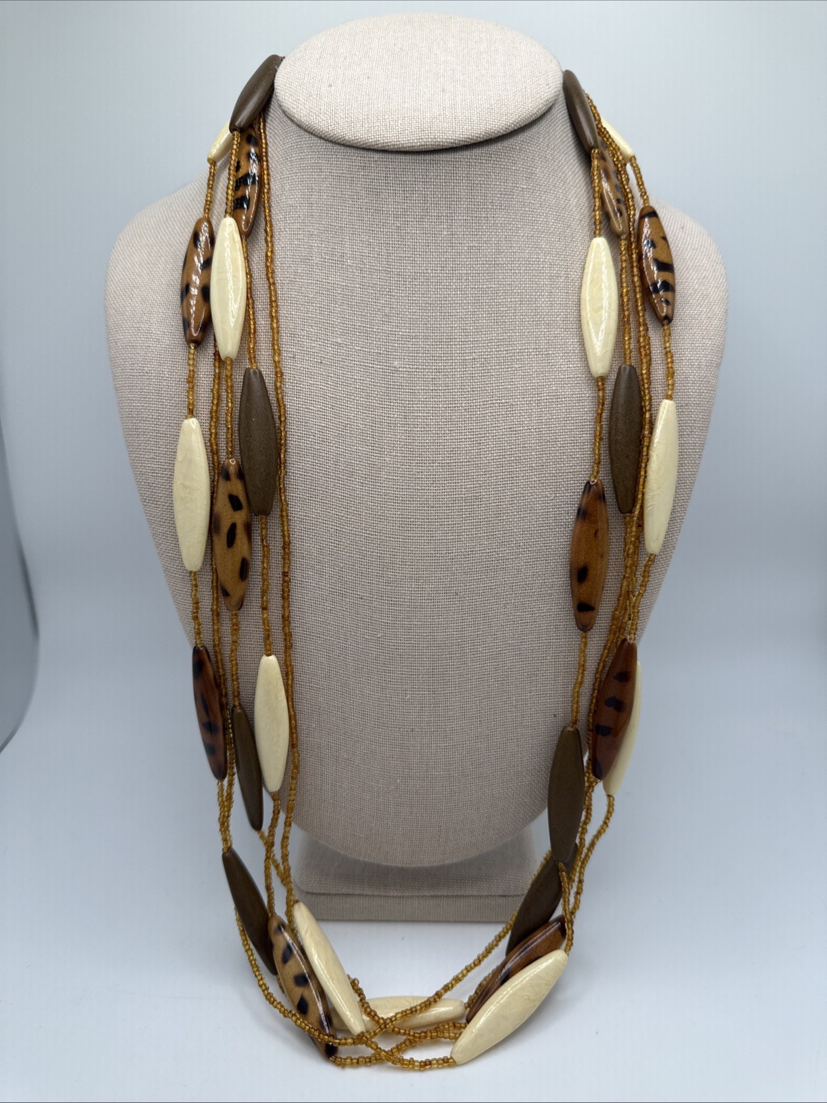 Brown & Cream Leopard Print Seed Bead Multi Strand Necklace