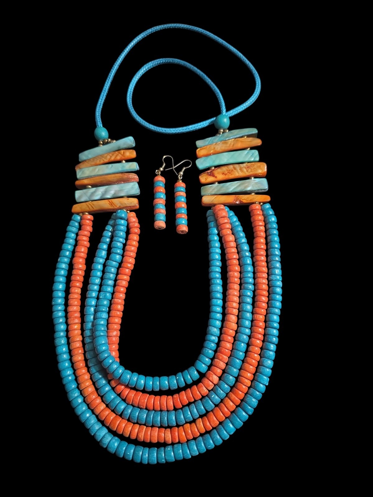 Colorful Boho 5 Strand Beaded Wood & Glass Necklace & Earrings 36 In