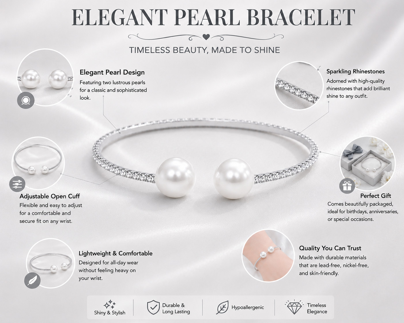 Silver Rhinestone Cuff Bangle Bracelet Created Pearl Jewelry Prom Pageant Bridal