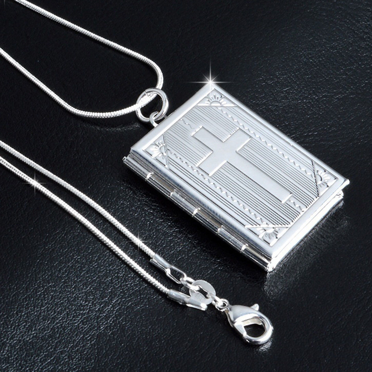 925 Sterling Silver Christian Jesus Cross Crucifix Bible Book Locket Necklace