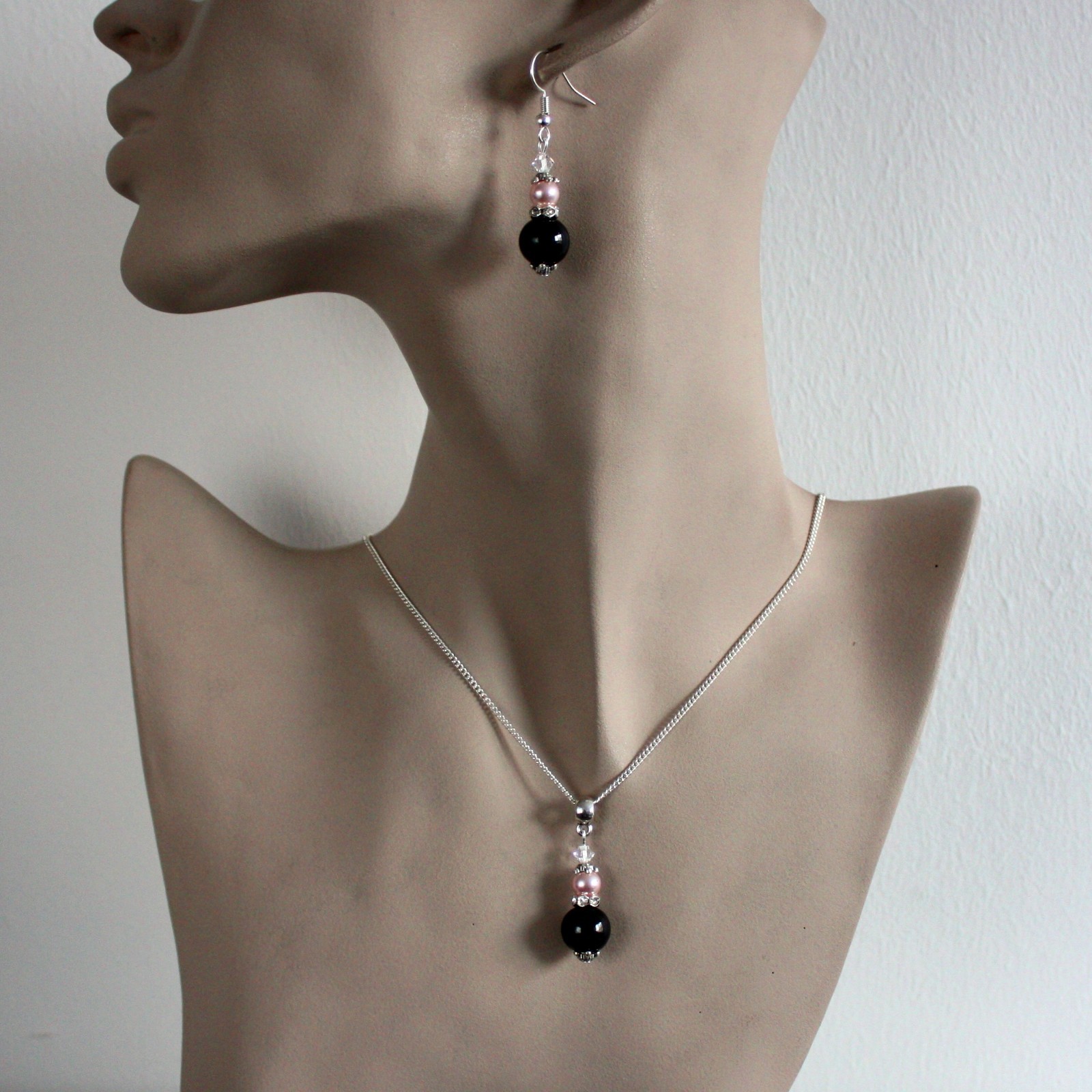 Black pink blush pearls rhinestones silver wedding bridesmaid bridal jewelry set