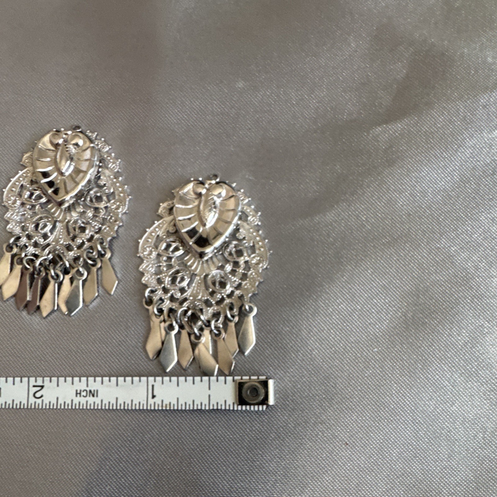 Silver Tone Metal Filigree Heart Chandelier Dangle Drop Earrings, No Stone