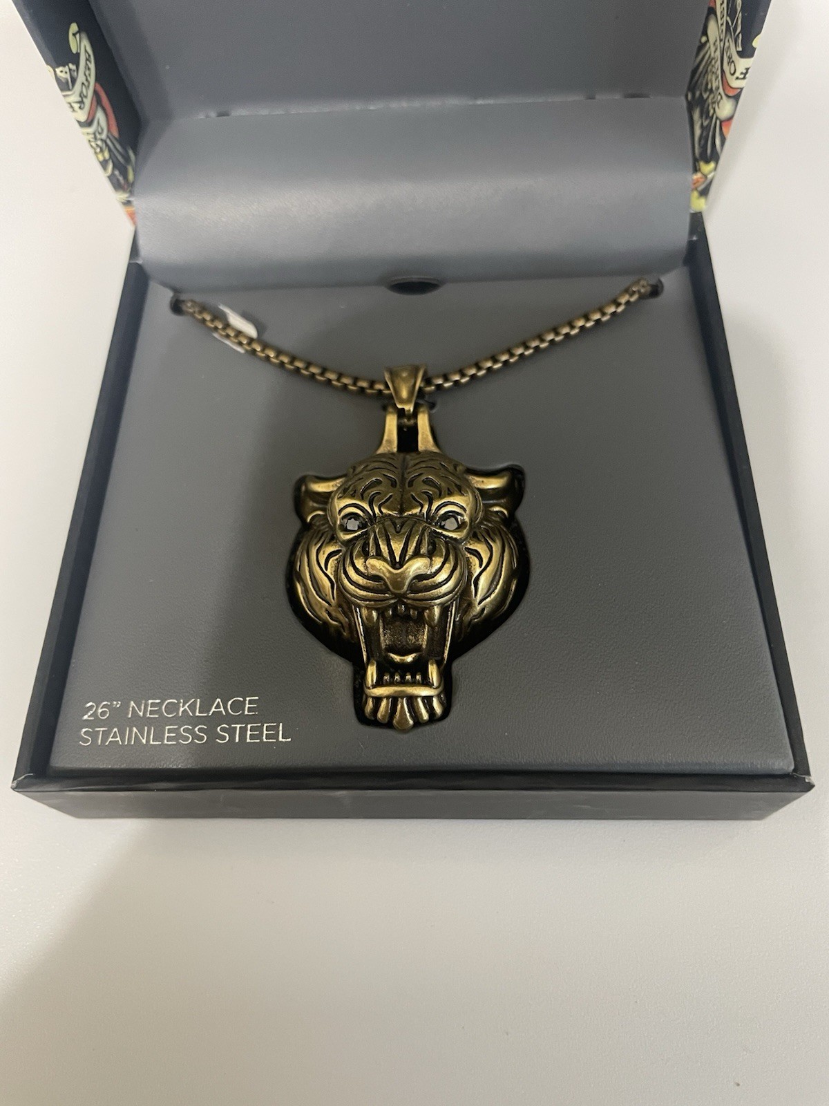 Hardy Gold Tiger Head Pendant Necklace 26” Stainless Steel Chain NIB Y2K